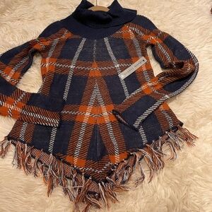 Absolutely Famous Navy and Orange Plaid Turtleneck Sweater